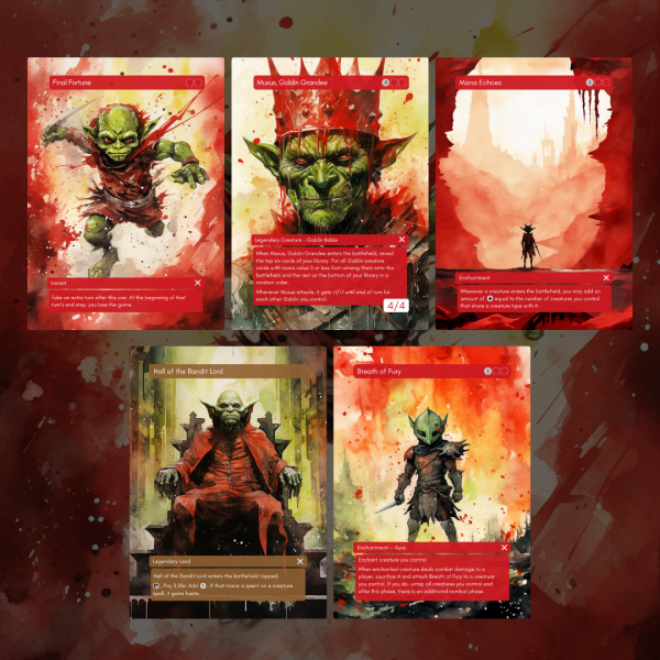 Custom-art MTG Proxy cards Final Fortune, Muxus, Goblin Grandee, Mana Echoes, Hall of the Bandit Lord, Breath of Fury