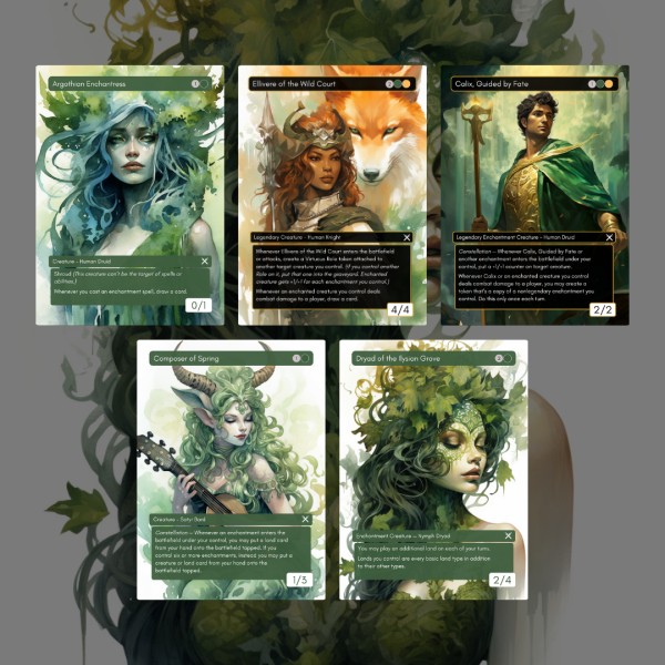 Argothian Enchantress, Ellivere of the Wild Court, Calix, Composer of Spring, Dryad of Ilysian Grove custom mtg proxy cards upgrades for virtue and valor precon deck
