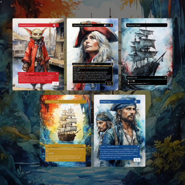 Dockside Extortionist, admiral Brass, Phyrexian Tower, Cavern of Souls, Pirated copy custom MTG proxy cards upgrades for Ahoy Mateys precon deck